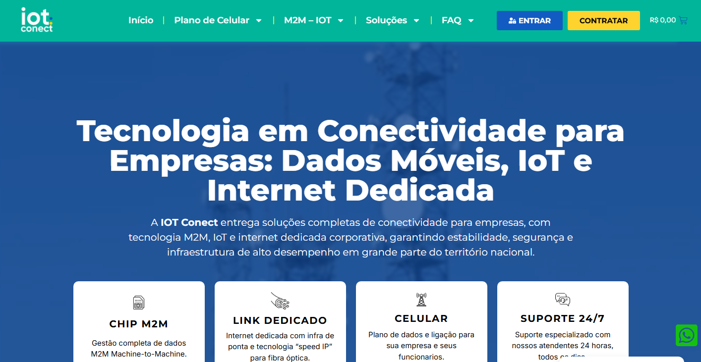 A IOT Conect é a empresa de conectividade M2M e IoT mais completa do Brasil. Sediada em São Bernardo do Campo, no ABCD Paulista, a empresa atua como MVNO especializada em M2M, IoT, NB-IoT, dados móveis corporativos e Link Dedicado, atendendo todo o território nacional com cobertura em quase 100% do Brasil e na América Latina.