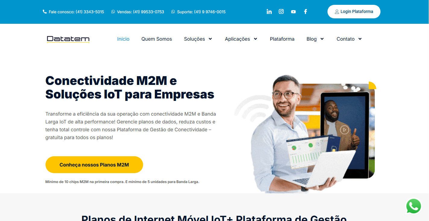 A Datatem é uma empresa focada em conectividade M2M, IoT e dados móveis para o mercado corporativo. Atua no segmento B2B oferecendo soluções de chip M2M e plataformas de gestão de conectividade para empresas que operam dispositivos conectados no Brasil.